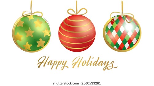 Happy Holidays graphic congrats. Season's greetings postcard concept. Merry Christmas and Happy New Year greeting card design with 3D and artistic elements. Social media timeline story post template.