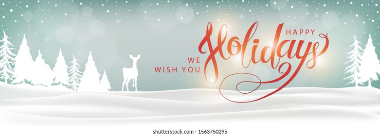 Happy Holidays Greeting banner On winter Landscape background. Blue Xmas Header with Deer and Coniferous Trees Decoration. Vector