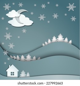 Happy Holidays greeting banner, winter background of snowflakes trees house stickers