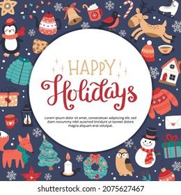 Happy holidays greeting card or banner with lettering and cute seasonal elements in circular shape. Hand drawn vector illustration