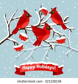 Happy holidays greeting card with birds red cardinal.