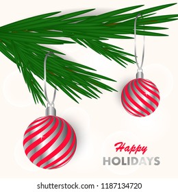 Happy holidays greeting card. Branch of Christmas tree with toys in pink and silver colors. Vector illustration of winter decorations.