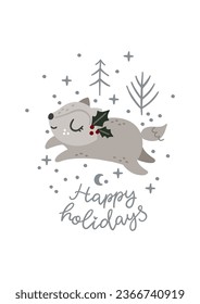 Happy holidays greeting card, Christmas cute fox illustration. Woodland baby animal printable art.