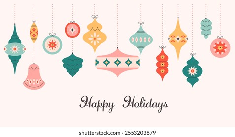 Tarjeta de felicitación de los Días festivos felices con los juguetes del árbol de navidad. Bolas de Navidad brillantes coloridas. Fondo de vacaciones de invierno para felicitaciones. Ilustración vectorial en estilo plano