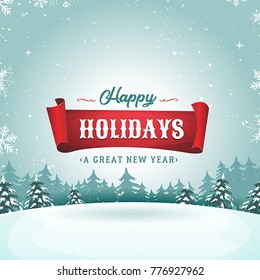 Happy Holidays Greeting Card And Christmas Landscape/
Illustration of a design christmas snowy landscape background, with firs, snow and banner for winter and new year holidays