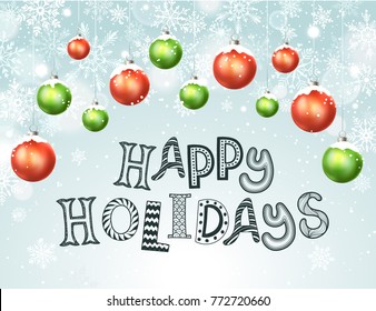 Happy holidays greeting card. Colorful and bright Merry Christmas balls with snowflakes on blue background. Hapy New Year vector illustration. Horisontal composition from Christmas balls.