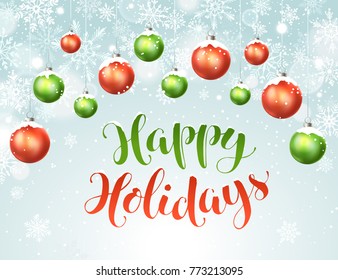 Happy holidays greeting card. Colorful and bright Merry Christmas balls with snowflakes on blue background. Hapy New Year vector illustration. Horisontal composition from Christmas balls.