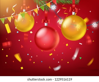 Happy holidays greeting card with confetti and balloons. Red illuminated room with balloons and text
