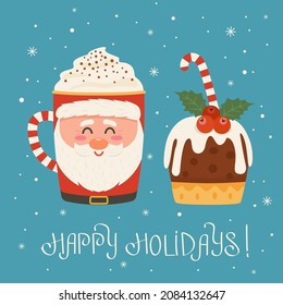 happy holidays greeting card. Cup with Santa and Christmas pudding with lollipop on a background of snowflakes. congratulatory hand lettering. vector illustration.concept Xmas