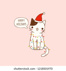 Happy holidays greeting card. Cute cartoon cat smiling with decoration lights and text happy holidays. Isolated on pink background. Flat design. Colored vector illustration.