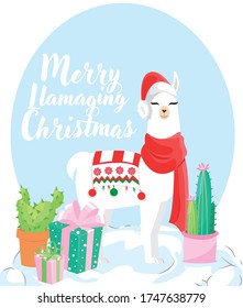 Happy holidays greeting card with cute white llama and santa hat and red scarf. Vector hand drawn illustration.