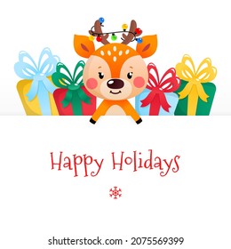 Happy Holidays greeting card with a cute deer. Winter background with gift boxes and a little deer holding a big signboard. Vector illustration 10 EPS.