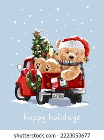 happy holidays greeting card with cute bear doll and christmas tree on red truck vector illustration