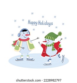 Happy Holidays greeting card. Cute snowmen skating. Funny characters. Winter fun, sport and recreation. Vector flat illustration isolated on white. Green, blue and red colors.	