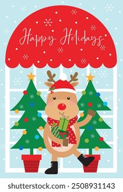 happy holidays greeting card with cute reindeer design