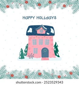 Happy holidays greeting card. Cute Christmas and winter house. Сhildrens decorated house on the background of the falling snow, snow-covered fir trees and a snowman. Vector illustration in flat style.