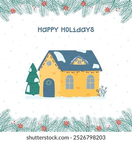 Happy holidays greeting card. Cute Christmas and winter house. Decorated house on the background of the falling snow, fir trees and a snowman. Vector illustration in a flat style.