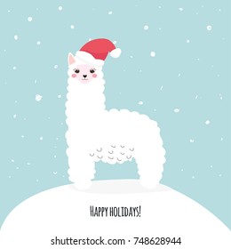 Happy holidays greeting card with cute white llama and santa hat. Vector hand drawn illustration.