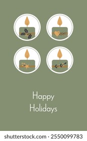 Happy Holidays. Greeting card with decorated candles in green, gold and anthracite.
