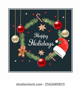 Happy Holidays Greeting Card Decorated with Christmas Elements on Dark Background.