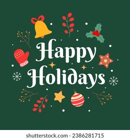 Happy holidays greeting card. Decorative Christmas square background with traditional holiday elements and lettering. Vector illustration.