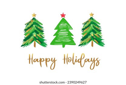 Happy Holidays, greeting card with decorative Christmas tree. Xmas and New Year golden and green colors pine, brush illustration isolated on white. Hand drawn graphics for winter holiday design