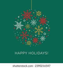 Happy Holidays Greeting Card Design with Snowflake Pattern on Christmas Ball on Green Background. Holidays, Xmas Cover, Banner Template. Vector Illustration