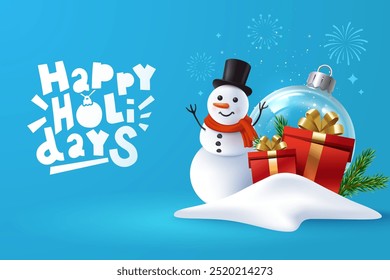 Diseño de tarjeta de felicitación de Días festivos felices con cajas de regalos en un muñeco de nieve, muñeco de nieve y Grande bola de Navidad transparente en el fondo. Linda ilustración de Navidades de invierno en estilo 3d. Aislado en azul.