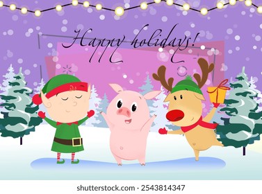 Happy holidays greeting card design. Cartoon pig, reindeer with gift and elf dancing. Night snowy forest in background. Template can be used for banners, posters, postcards