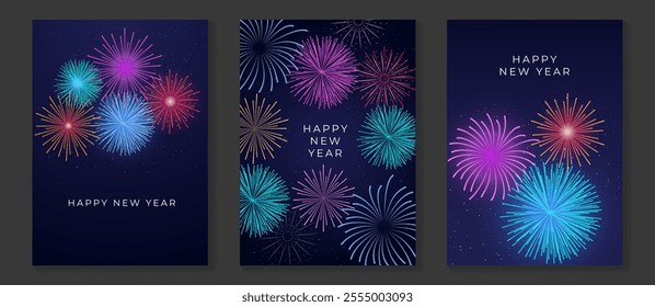 Happy Holidays Greeting card design vector set. Decorative gradient vibrant golden festive firework on dark background. Design illustration for banner, social media, advertising, website.