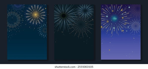 Happy Holidays Greeting card design vector set. Decorative gradient vibrant golden festive firework on dark background. Design illustration for banner, social media, advertising, website.