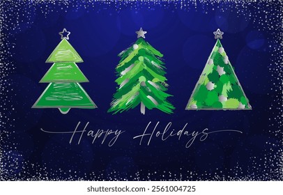 Happy Holidays greeting card design. Season's greetings social media time line srories concept with set of artistic brushing strokes style X mas trees. Merry Christmas and A Happy New Year postcard.