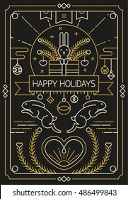 Happy holidays greeting card design in gold outline style with rabbit and heard elements.