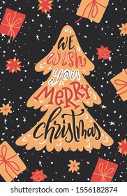 Happy holidays greeting card. Hand lettering Christmas background. Brush calligraphy with decorative design elements. Vector illustration.