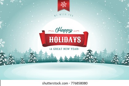 Happy Holidays Greeting Card/
Illustration of a design christmas snowy landscape background, with firs, snow and banner for winter and new year holidays