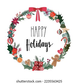 Happy Holidays greeting card, invitation, poster with floral frame, Christmas winter seasonal design and hand lettering