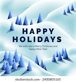 Happy Holidays greeting card with lettering and snowy mountain hillside forest, vector illustration