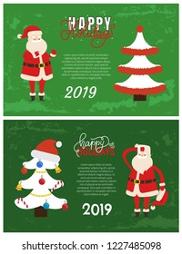 Happy holidays greeting card on 2019 New Year. Vector postcard sample with decorated Xmas tree topped by hat and balls, tinsel and garlands, text sample