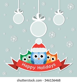 Happy Holidays greeting card with owls