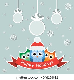 Happy Holidays greeting card with owls