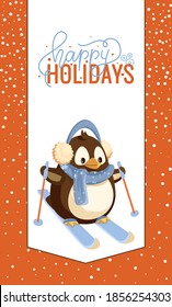 Happy holidays greeting card, penguin in earmuffs and scarf on skis with sticks. Dressed bird doing winter sport, outdoor activity and animal vector