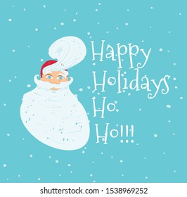 Happy Holidays Greeting Card with Portrait of Cute Hipster Santa Claus in Red Hat with Stylish Hairstyle Saying Ho-Ho on Blue Background with Falling Snow. Cartoon Flat Vector Illustration, Banner