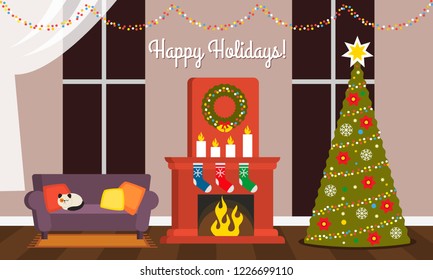 Happy Holidays greeting card or poster. The interior of the living room on Christmas Eve - a sofa, fireplace, Christmas tree with gifts. flat vector illustration isolated