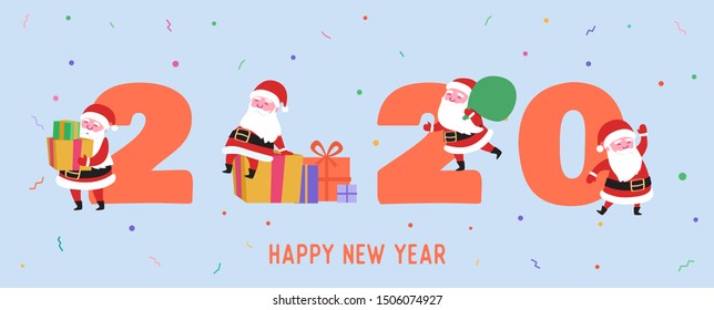 Happy Holidays Greeting Card with Santa Claus, Gift Boxes for Xmas Party. Merry Christmas Postcard. Happy New 2020 Year Banner with Santa for Poster, Invitation. Vector illustration