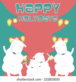 Happy Holidays greeting card with sheep family. Vector illustration.