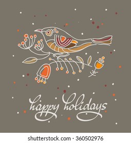 Happy holidays greeting card with stylized bird. Vector illustration.  Dark background