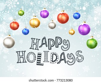 Happy holidays greeting card template. Modern New Year Christmas balls  with snowflakes on blue background. Merry Christmas vector illustration with copyspace.