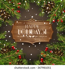 "Happy Holidays" greeting card with traditional decorations and wooden sign