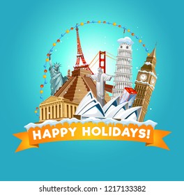 Happy holidays greeting card for travel agency or post card. Vector illustration