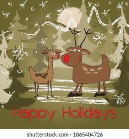 Happy holidays greeting card. Two deers in the winter forest under the moon light and snowflakes. Vector illustration.